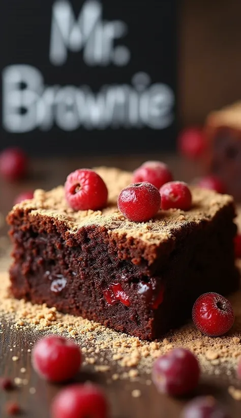 Um brownie intenso, Juicy, very dark, therefore, de chocolate,  on a glass table ; a layer of golden confectionery sugar on top, a chocolate sauce ,  photo with a sign written Mr. Brownie in the background, zoom, octanerender;  Dutch angle;  High resolutio...