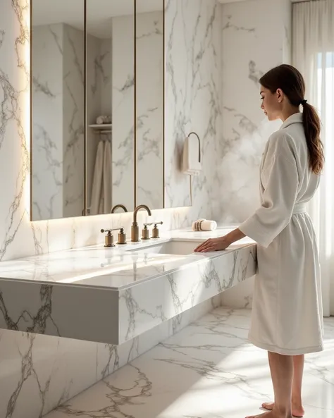  A modern bathroom with a floating sink and walls covered in Calacatta Luxury. A woman in a bathrobe gently runs her hand over the countertop without leaving any fingerprints, as the steam from the shower dissipates into the air .  The golden and gray vein...