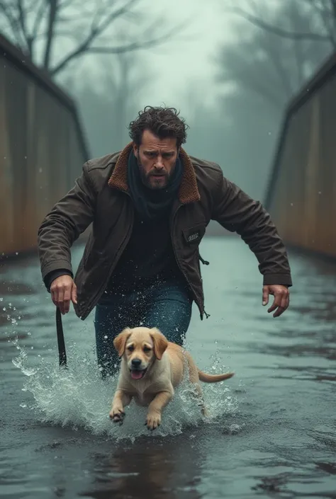 The furious man, now reaching the bridge, sees the puppy fall into the water, and a look of confusion and panic crosses his face. He attempts to jump in after it, but the cold water throws him off balance for a moment. The struggle to catch the puppy in th...