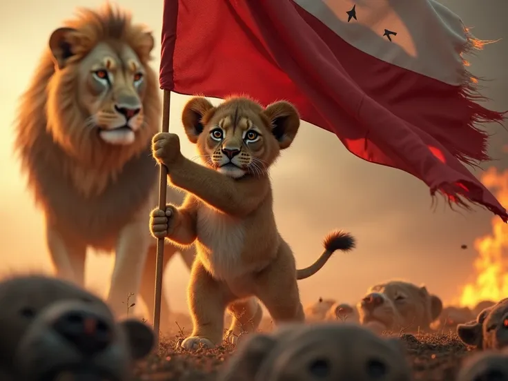 Realistic lion cub holding flag fire scene . Lion father in the back . Dead hyenas on the ground