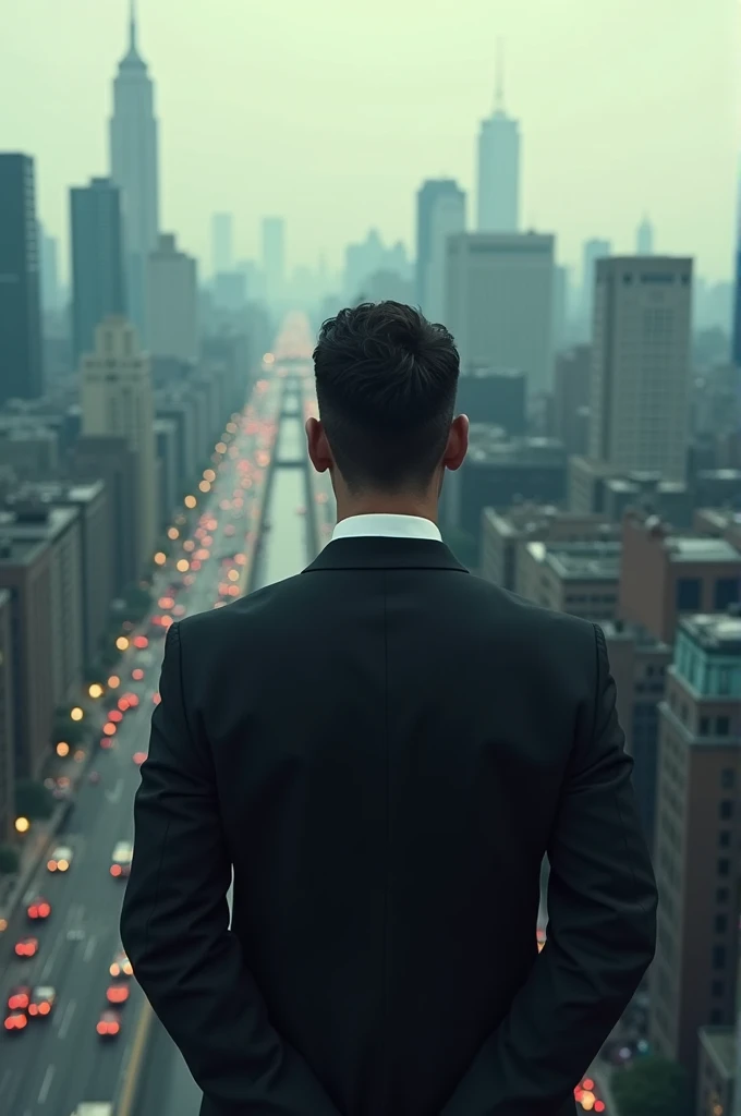 Man in a suit Looking at a City from above You'll never be oh even after changing your mentality 
