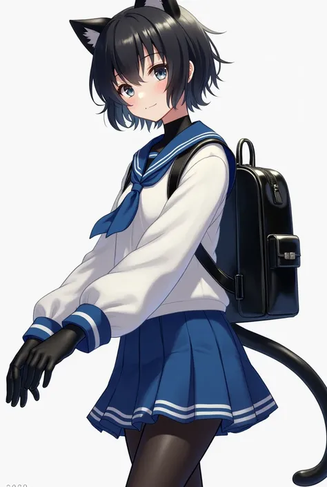   early teen boys 、   black hair  、  short hair、Cat ears、Tail、  glossy black vinyl high neck、 white long-sleeved sailor suit 、 blue mini skirt 、 black tights、Shiny black gloves、 with shiny black elementary school backpack、3d