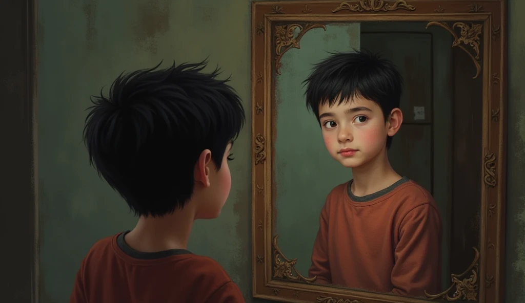 Young boy Luca felt a pull toward the mirror, as if something inside him wanted to see what it held. He had always been curious about the world, but he had never stopped to wonder about the depths of his own soul