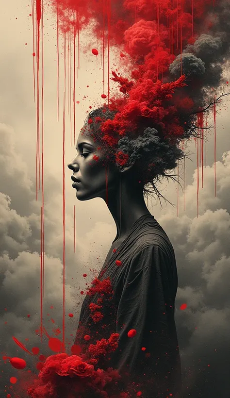 Create a creative arts design,  using a surreal collage, Red Rain 