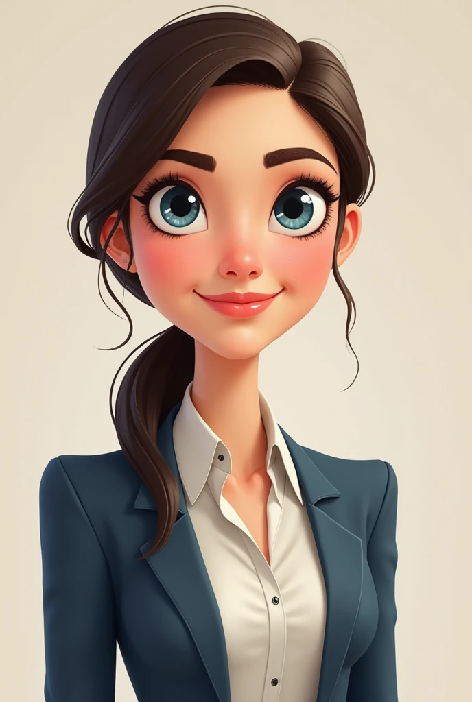 Cartoon Woman Character Description:
Facial Features:

Large, expressive blue eyes with a soft, warm gaze.
Neatly shaped, natural eyebrows (not too thick or thin).
Delicate nose with a gentle curve.
Soft, symmetrical facial structure with a slightly pointe...