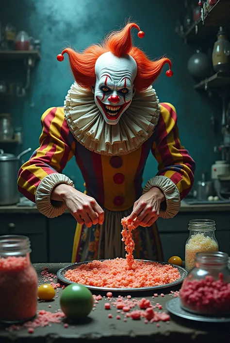 Evil sweet clown making candy