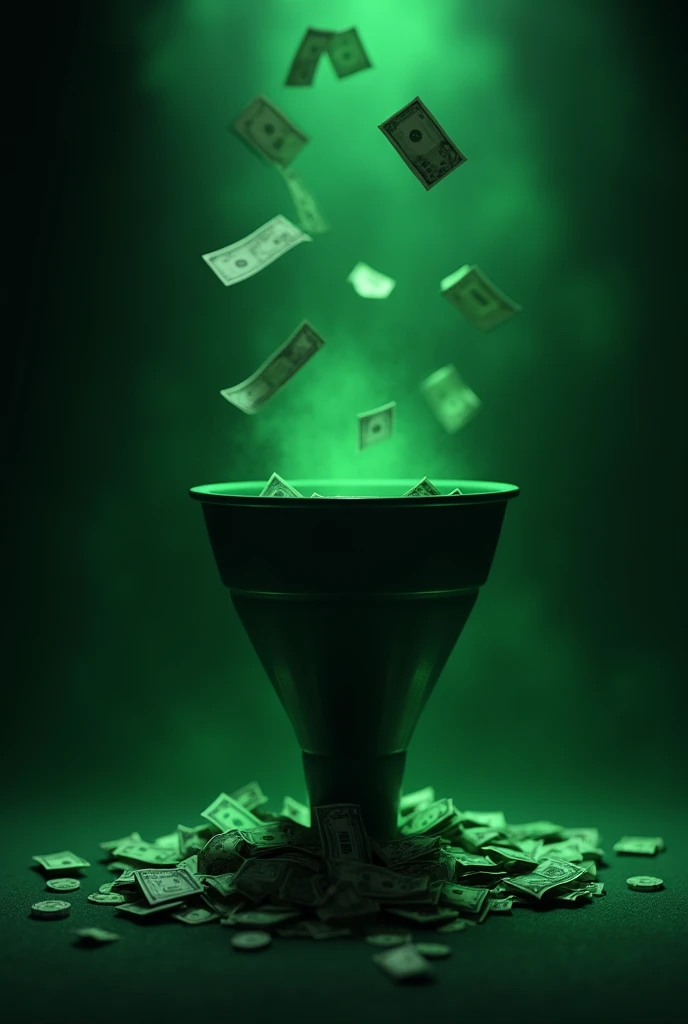 Dark green sales funnel with money falling inside, realistic and artistic image ,  greenish light in the center of the image highlighting the funnel, image borders blurring blending with black