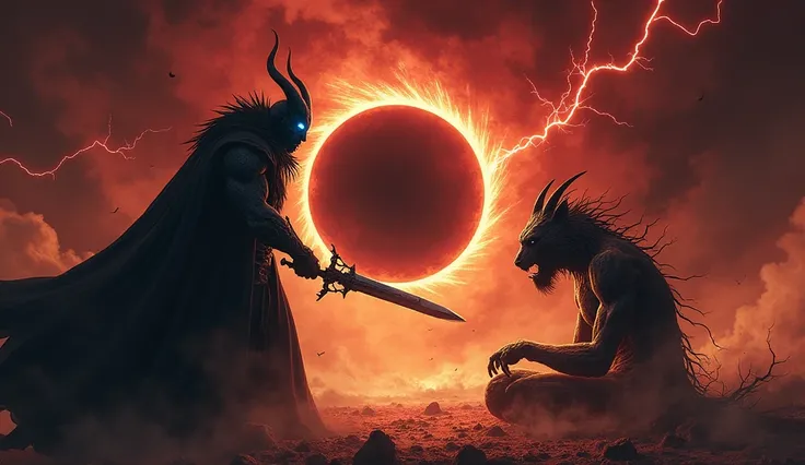 An epic and dark scene depicting Vassago and Balam facing off in an intense battle. Vassago, a majestic and intimidating demonic figure, wears a flowing black cloak, his eyes glowing with a spectral blue light. He holds a shadowy sword infused with arcane ...