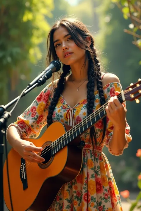 Chilean singer in a flower dress and braids playing guitar