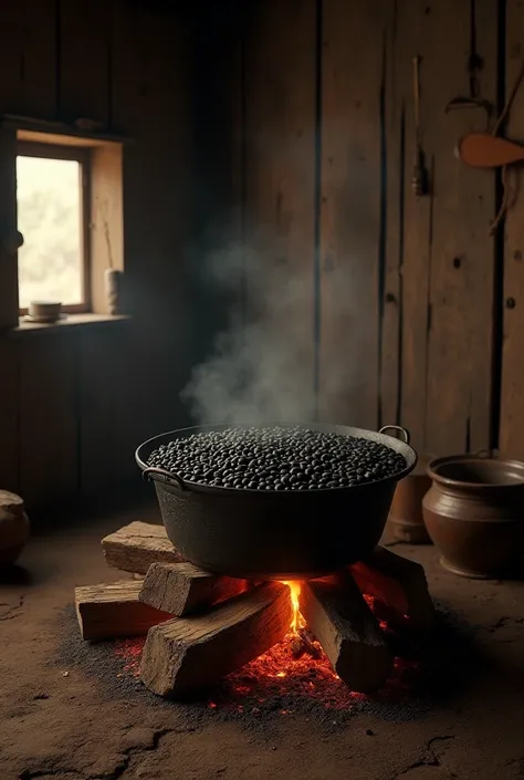 • Black beans being cooked in a large iron pot over a wood stove in a slave room.