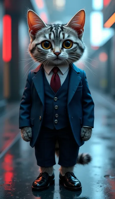 "A hyper-realistic anthropomorphic cat with short, silky fur in shades of gray and white, featuring subtle silver stripes that shimmer slightly under the lighting. Its eyes are an intense amber, reflecting light in a lifelike way, exuding a mysterious and ...