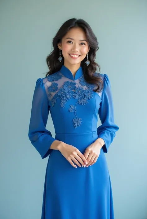 Asian casino woman photographed in blue dress with a beautiful smile. Full picture without background
