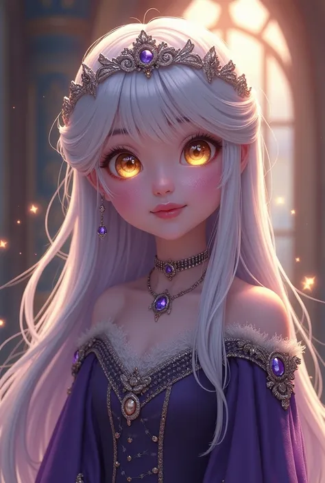 A young fantasy  princess, around 6-, with long, flowing white hair and glowing golden eyes. She has a soft purple skin tone with delicate snake-like scales subtly shimmering on her face and hands. She wears an elegant silver tiara and a luxurious aristocr...