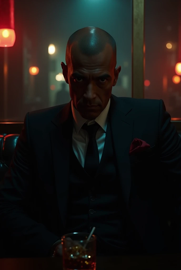 Create a mobster with a black suit, Sitting at the table in the back of the bar , holding a glass of whiskey and smoking a cigarette, and facing the spectator 