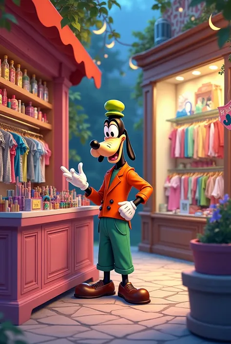 Imagine Goofy selling clothes and makeup