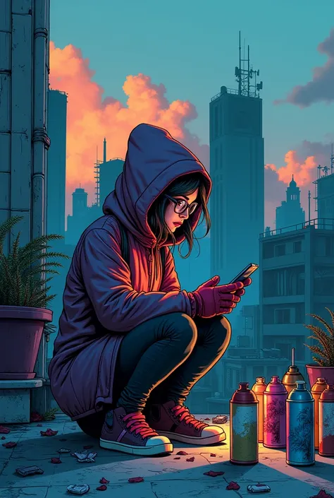  comic A young graffiti artist in an urban setting,  crouched on a roof at dusk ,  surrounded by spray cans of colored paint .  She wears a long hooded coat , gloves and glasses,  while looking closely at the cell phone in your hands .  The surrounding env...