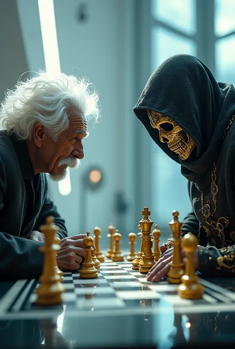 Generate this image 
Two futuristic chess players: Where one is older and looks like Albert Einstein and the adversary is an artificial intelligence dressed in a wizard's cape and a golden skull mask