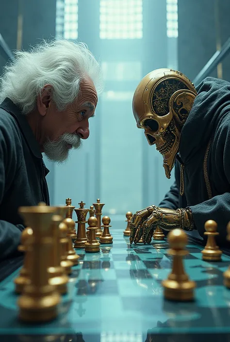 Generate this image 
Two futuristic chess players: Where one is older and looks like Albert Einstein and the adversary is an artificial intelligence dressed in a wizard's cape and a golden skull mask