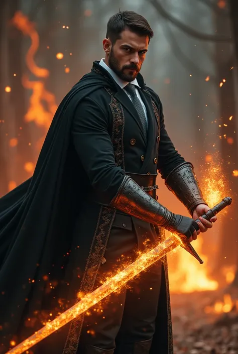 Handsome sorcerer with a short beard wearing a black tunic with a light blue tie using magic taking that of a tall and strong handsome man with a short beard dressed in armor wearing a Victorian style suit with a gray tie underneath wielding a sword shroud...