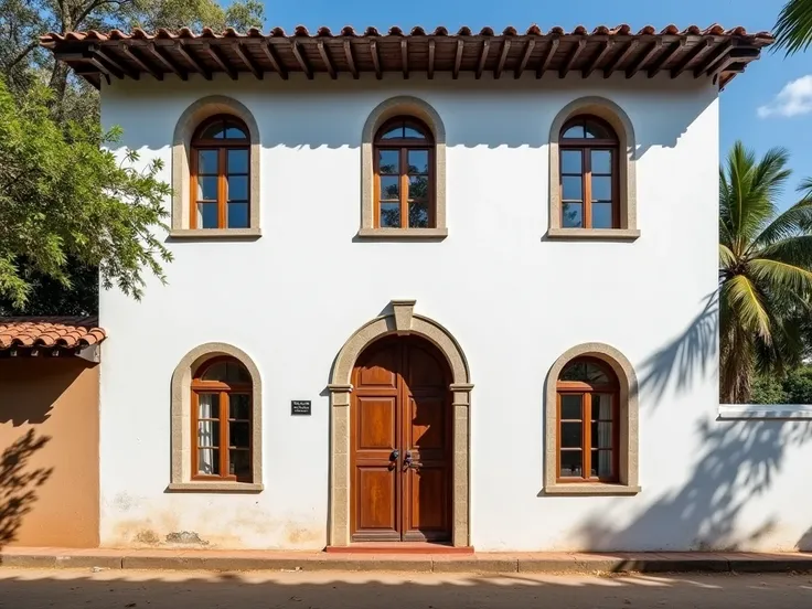 Portuguese colonial mansion,  six arched wooden windows, on the upper floor of the façade , with stops in the color blue. An arched ,  in wood in the middle of the lower façade, two arched windows on each side of the portal.  The wall is painted white . It...