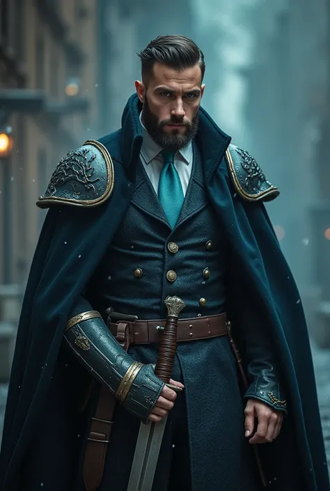 Handsome sorcerer with a short beard wearing a black tunic with a light blue tie using magic taking that of a tall and strong handsome man with a short beard dressed in armor wearing a Victorian style suit with a gray tie underneath wielding a sword wrappe...