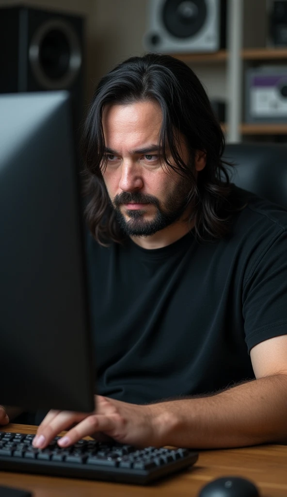 An overweight young man Keanu Reeves,  WITH LONG HAIR ,  black t-shirt,  in front of the computer typing long hair