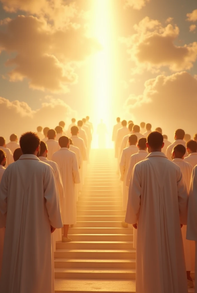 "A stunning, ultra-realistic 8K image capturing a low-angle view of a large group of people in white robes, standing at the base of a celestial staircase. Their faces, illuminated by a divine golden glow, show expressions of awe and reverence as they look ...