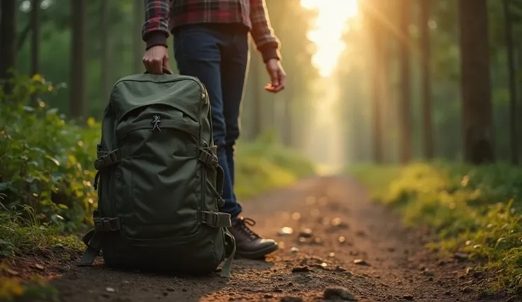 A close-up shot of a person gently pulling off a heavy backpack and setting it on the ground by a tranquil forest trail. The weight of the pack symbolizes past emotional baggage. The light streaming through the trees suggests the openness created by lettin...