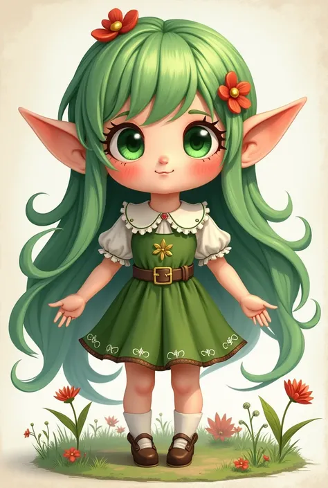 (masterpiece, best quality),  intricate details,
 1girl, solo,1girl, elf, pointy ears, green hair, long hair, sidelocks, hair bow, green eyes, small breasts, 
 chibi, full body, standing,