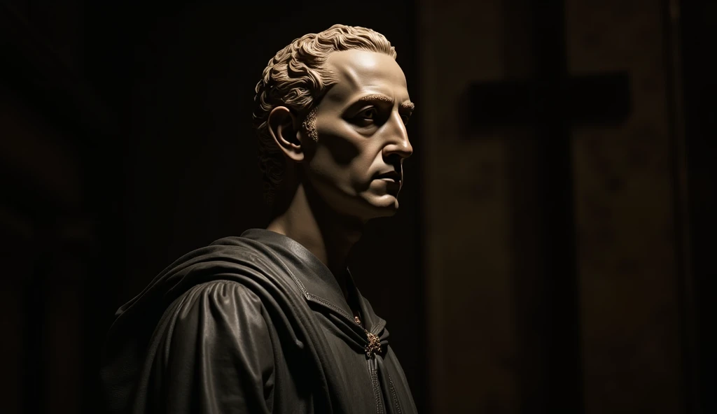 "A portrait or statue of Niccolò Machiavelli, with dramatic lighting that highlights his features, symbolizing authority and intellectual depth. The backdrop should be dark, with subtle Renaissance elements, emphasizing his philosophical influence."