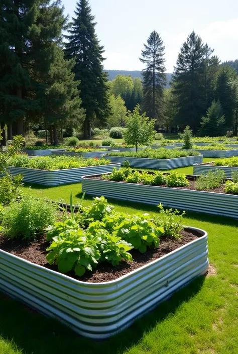  An organized garden with 6 raised terraces made of corrugated metal sheet .  Each bench has an elongated rectangular shape with rounded corners . The sine sheets that form the walls of the terraces are arranged with the corrugated waves oriented horizonta...