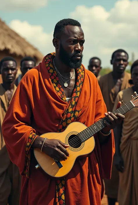 Un parolier poète noir habillé en gros pagne tissu africain avec un Kora parlant a des villageois avec autour de lui avec un air sérieux 