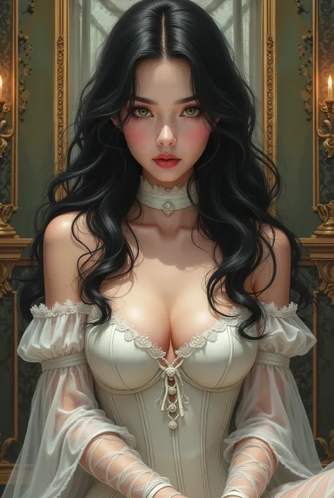  An illustration of a beautiful woman with long black and wavy hair , with dark green eyes and white skin ,  wearing a white dress with corset and long transparent sleeves with a white choker.  Behind her is a room with luxurious and majestic details .