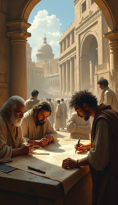 The emergence of scientists :
 is a scene that focuses on scientists and philosophers such as Euclid working on maps and theories in ancient Alexandria.
