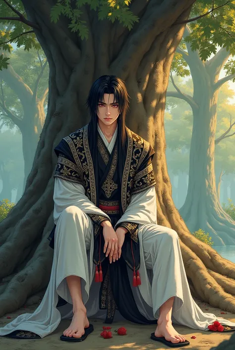 (Make a realism manhwa men style sitting on the under the three, the background was a three and a forest,crossed arm and looks cold sharp eyes+  “Muscular” + “heavy” + "small waist" +  “Black long straight hair until stomach” + “Red Ruby eyes"+ "The charac...