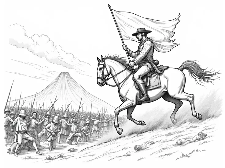 "Antonio José de Sucre fighting on horseback, holding the Ecuadorian flag while attacking the enemy. The battle takes place at the foot of the majestic Pichincha volcano, with fallen soldiers scattered across the battlefield. The scene is dynamic, capturin...