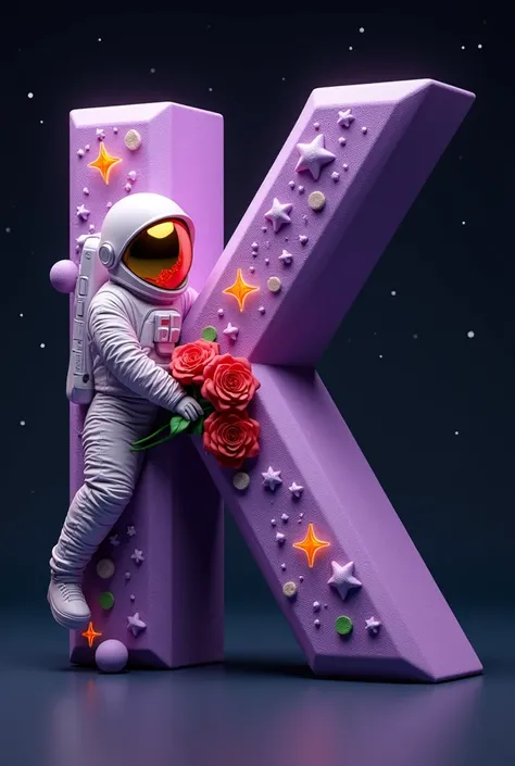 Create a hyperrealistic 3D representation of the letter 'K' designed as a sculptural piece.  The letter must be made of a soft ,  bright and vibrant purple material ,  with subtle decorative engravings .  An astronaut is adorned in the letter , big, bright...