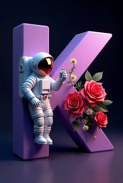 Create a hyperrealistic 3D representation of the letter 'K' designed as a sculptural piece.  The letter must be made of a soft ,  bright and vibrant purple material ,  with subtle decorative engravings .  An astronaut is adorned in the letter , big, bright...