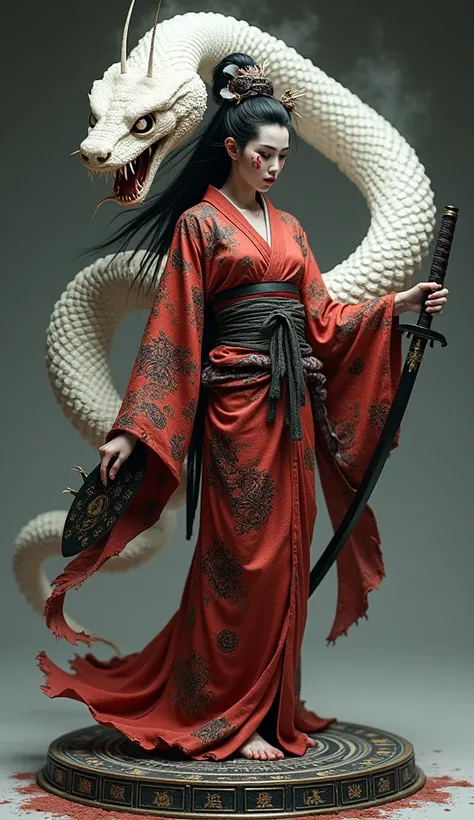 A formidable samurai geisha, draped in a tattered yet regal kimono infused with dark celestial patterns, standing upon an ancient astrological altar. Her pale skin contrasts with the deep crimson war paint adorning her face, while her long, raven-black hai...