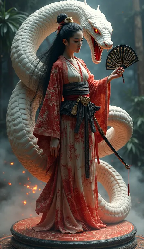 A formidable samurai geisha, draped in a tattered yet regal kimono infused with dark celestial patterns, standing upon an ancient astrological altar. Her pale skin contrasts with the deep crimson war paint adorning her face, while her long, raven-black hai...