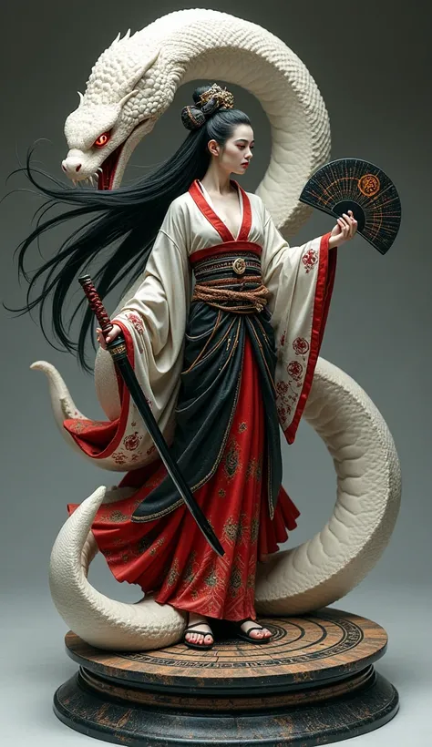 A formidable samurai geisha, draped in a tattered yet regal kimono infused with dark celestial patterns, standing upon an ancient astrological altar. Her pale skin contrasts with the deep crimson war paint adorning her face, while her long, raven-black hai...