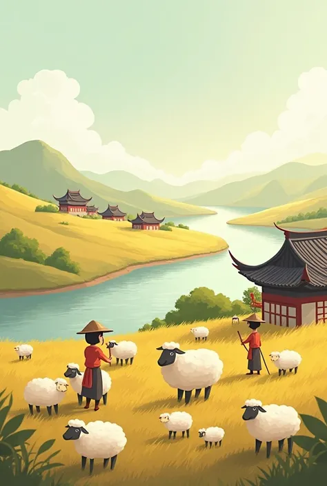 Create a 2D cartoon scenario that takes place in the middle ages in China, Containing the Yellow River, buildings of the time and a sheep farm in the open field 