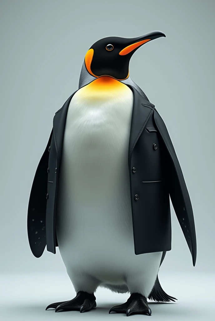 a photo of a animated body of a penguin in human struckture of a human face. I mean a human head with penguin colors and penguin face with a black office costumein full height looking straight up in youre eyes