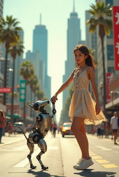 A pretty girl showing off a robotic dog dancing on the streets of Los Angeles 