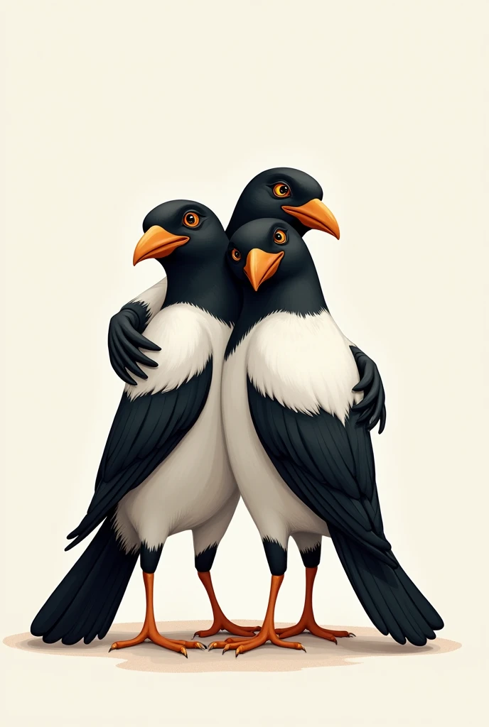 Three Bouré magpies holding each other by the shoulder 