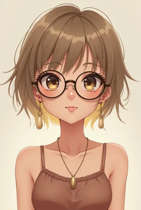 Create a girl with a cropped face and a short body with short light brown hair and blonde tips with brown eyes dressed in full dress with large earrings and shaped like a circle in glasses or a thin necklace 