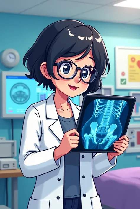  ,  cartoon ,white,  short wavy black hair with bangs, square glasses , magnetic resonance professional  , holding a CT image 