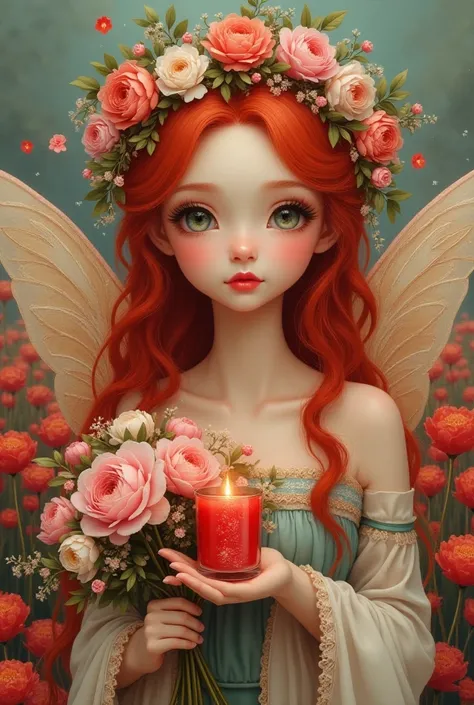 Fairy girl with red hair holding a bouquet of peonies, cherry blossoms and linden flowers in one hand with a field of red flowers in the background, the girl has red mouth, eyelashes and dress and a wreath of peonies on her head, in the other hand she hold...