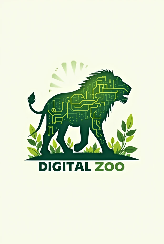  Design a logo for a zoo web application that combines elements of technology and nature.  Imagine a stylized silhouette of an animal , like a lion or an elephant ,  whose shapes are intertwined with circuits and green leaves .  It uses vibrant colors to r...