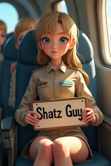 A 18 years old beautiful girl. Blue eyes. Dark blonde hair. Tha girl is wearing beije idf uniforms(light brown).  The girl is holding a sign saying”Shatz Guy”. She’s seating on f16 plain. Make it like Pixar 